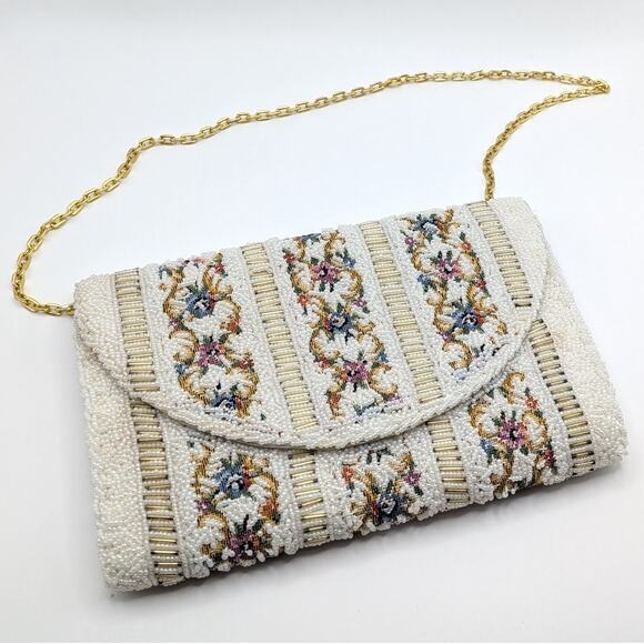 Vintage Tapestry Floral White Beaded Purse Shoulder Bag Adjustable Chain Strap - Picture 1 of 12